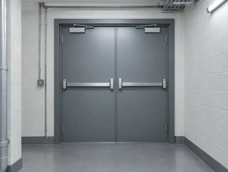 Grey steel double doorset in a plant room corridor