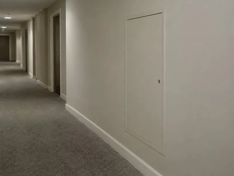 Flush painted service riser cupboard door set into a corridor wall