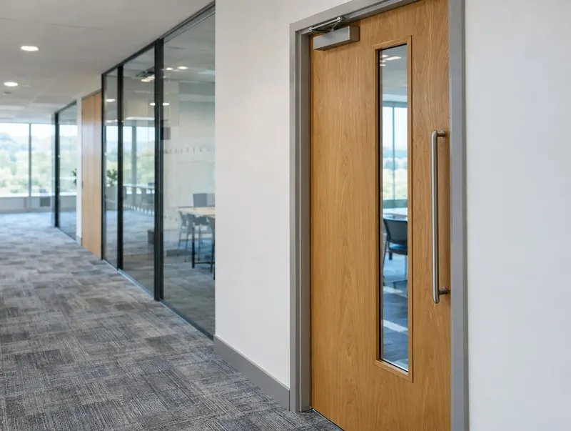Oak-veneered fire door with vision panel in an office corridor