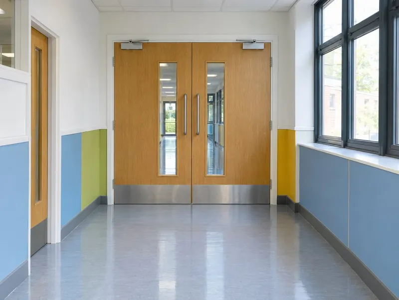 Double fire doors with vision panels in a school corridor