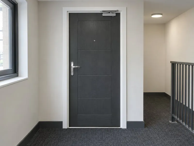 Dark grey composite flat entrance door with chrome handle in a block corridor