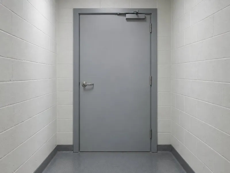 Light grey steel personnel fire door in a commercial service corridor