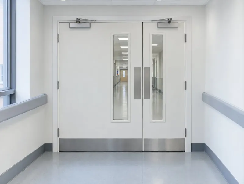 Leaf-and-a-half white fire doorset with vision panels and kick plates across a corridor
