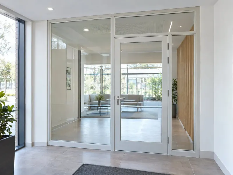 Fire-rated glazed screen with side panels and fanlight around a glazed door in a reception