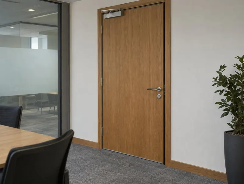 Oak veneered meeting room door with acoustic seals in an office