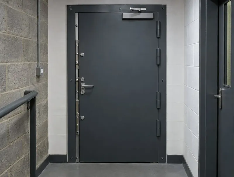 Dark grey steel security door with multipoint lock in a commercial corridor
