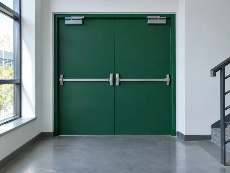Green steel fire exit double door with push bars, seen from inside